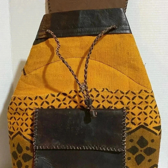 Handmade  Unsex Africa mud cloth cotton canvas leather backpack main image 7